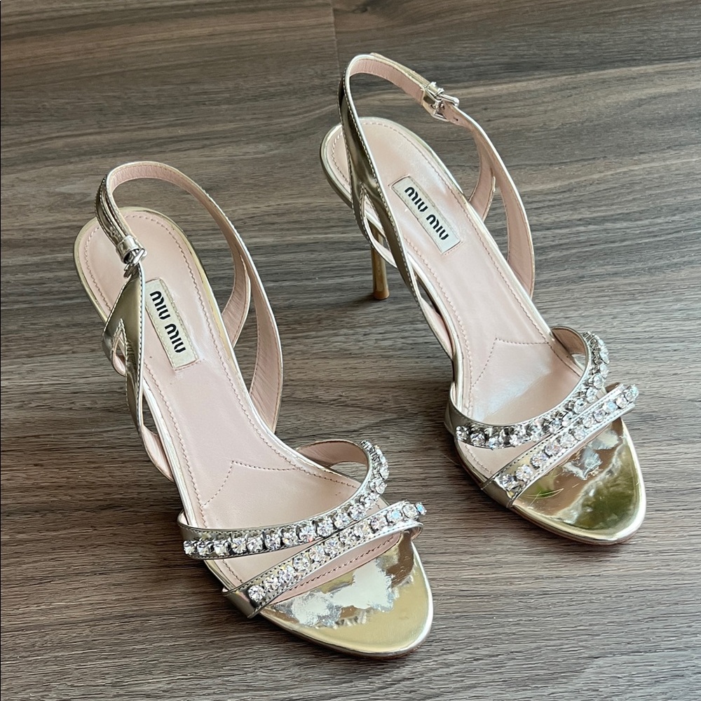 Miu Miu Crystal Embellished Gold and Pink Heels
